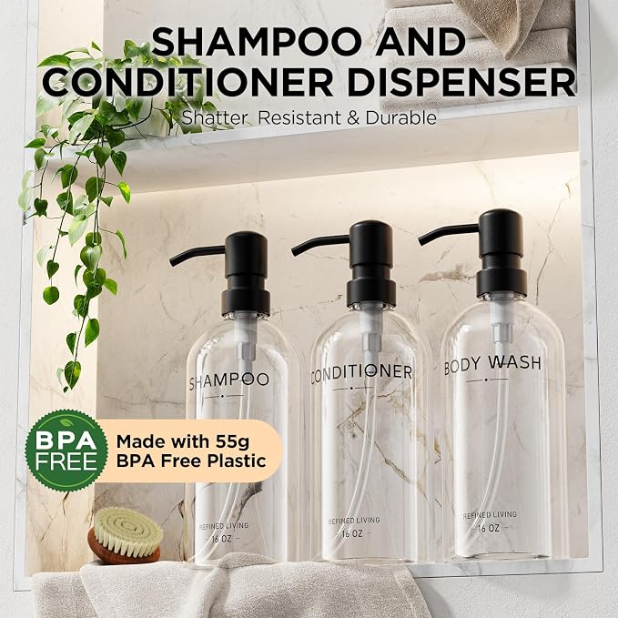 Shampoo and Conditioner Dispenser Set, 3 Refillable 16oz Bottles - Image 2