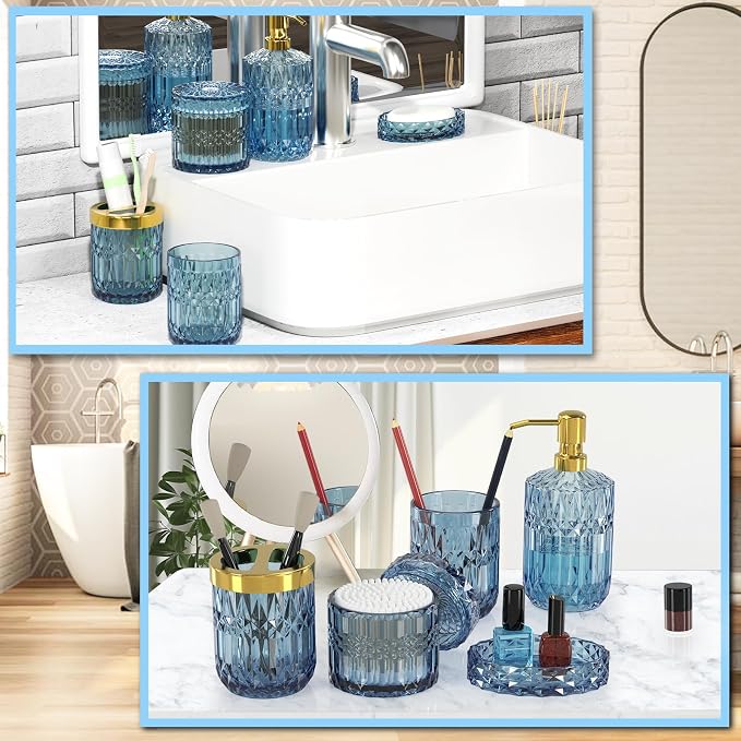 Blue Bathroom Accessories 5 Pcs, Glass Bathroom Accessory Set, Vintage Blue - Image 7