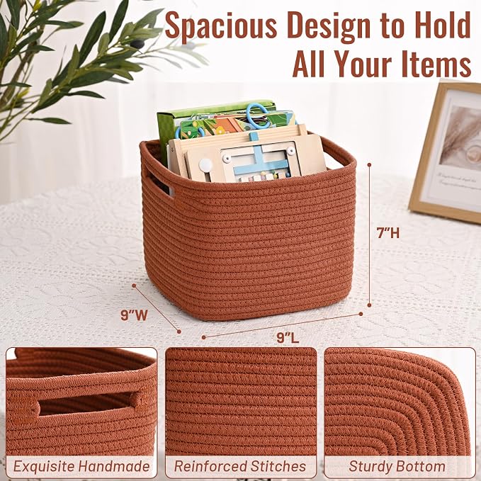 3 Pack Cube Storage Bin, 9”x9”x7” Cotton Rope Woven Baskets - Image 4