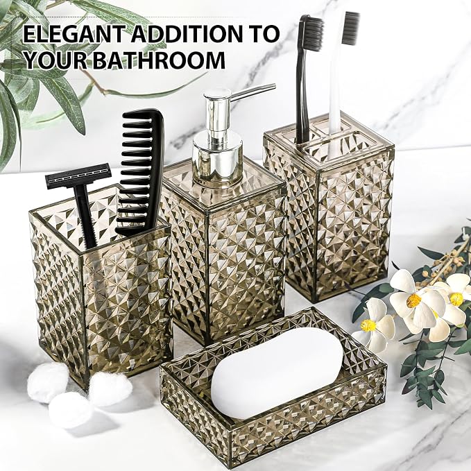 Brown Bathroom Accessories Set, 4 Pack Acrylic Bath Accessory Sets Complete - Image 7
