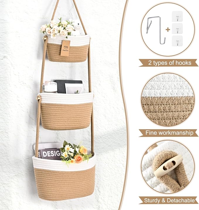 Hanging Storage Baskets, Over the Door Basket, Cotton Wall Baskets Storage - Image 7