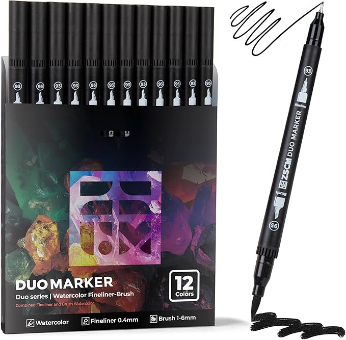 Black Duo Tip Marker Pens, 12 Pack Fine & Brush Markers by ZSCM
