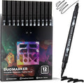Black Duo Tip Marker Pens, 12 Pack Fine & Brush Markers by ZSCM