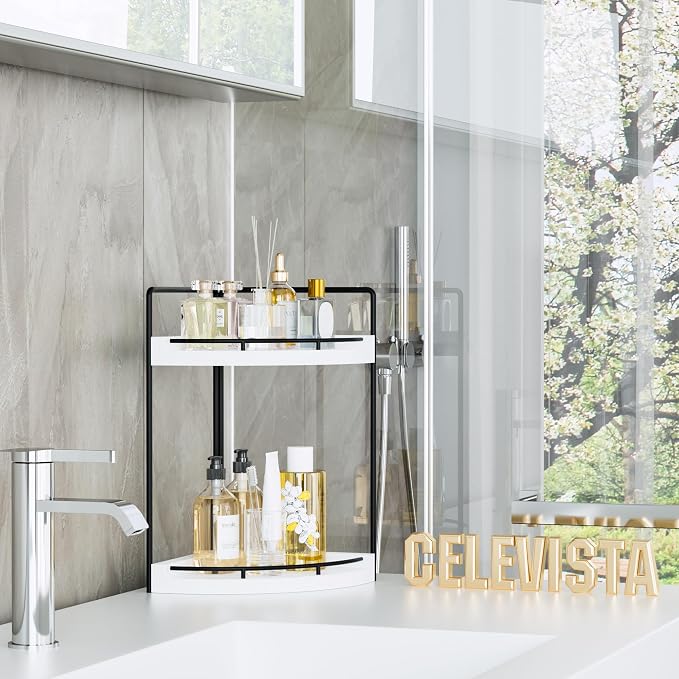 Corner Bathroom Counter Organizer, 2 Tier Wood Vanity Storage, Waterproof - Image 2
