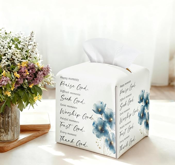 Christian Bible Verses Tissue Box Cover Square, Thank God Waterproof Leather - Image 3