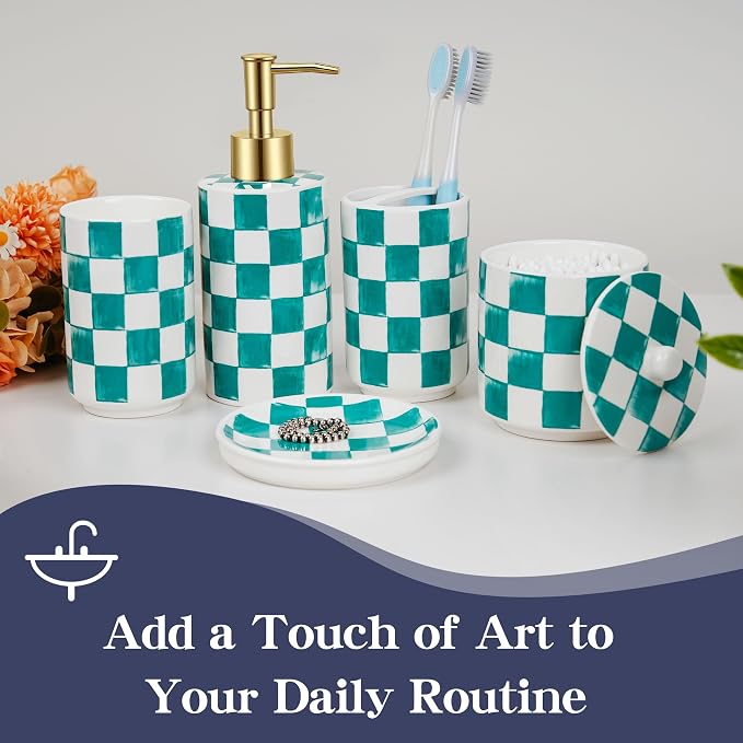 Ceramic Bathroom Soap Dispenser Set, Checkered Bathroom Vanity Set - Image 2