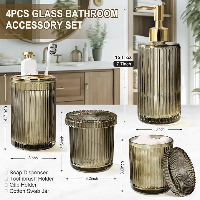 Brown Glass Bathroom Accessories 4 Pcs, Soap Dispenser and Toothbrush Holder Set - Image 2