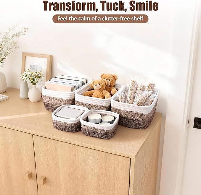 5-Pack Small Woven Rope Storage Baskets – 2 Sizes Organizer Bins - Image 5