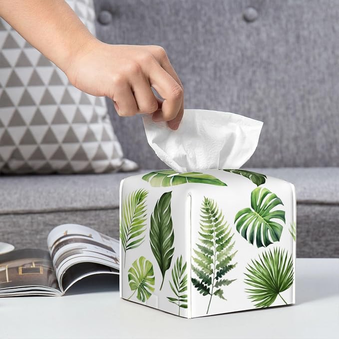 Green Tropical Leaves Tissue Box Cover Square, Watercolor Plant Palm Leaves - Image 6