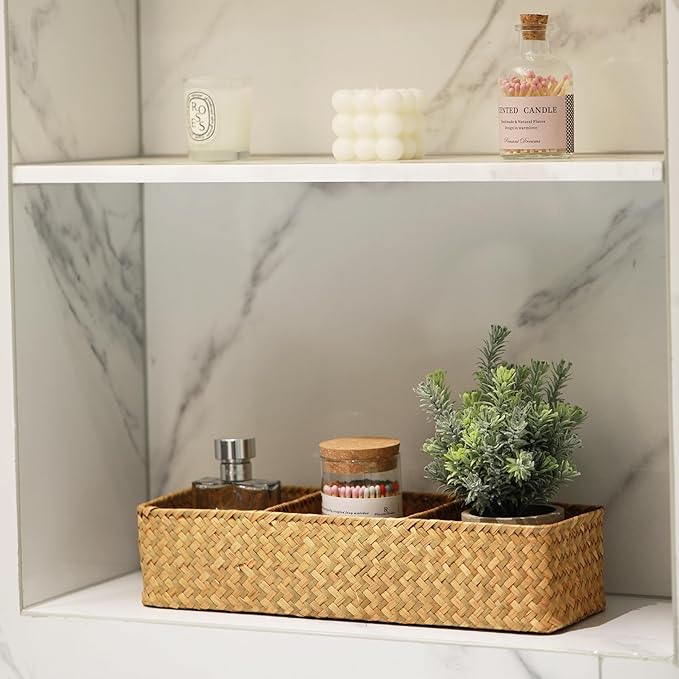 Seagrass Storage Basket 3 Sections Woven Shelf Baskets - Image 3
