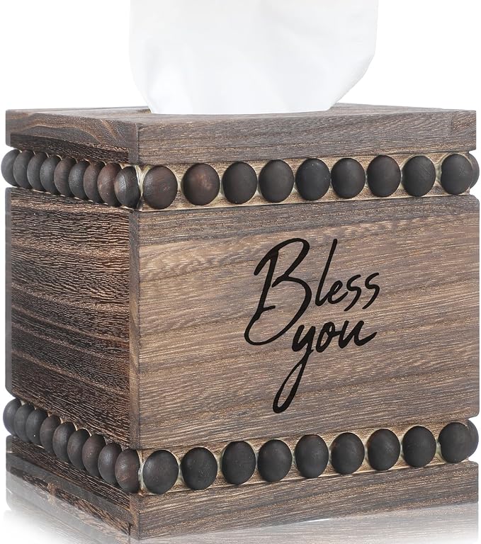 Bless You Beaded Square Tissue Box Cover, Rustic Farmhouse Vintage Wooden by Lineshading