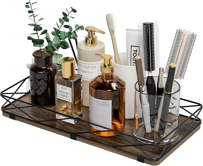 Toilet Paper Basket Holder, Wood and Metal Toilet Tray Vanity Organizer - Image 9