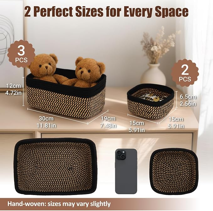 5-Pack Small Woven Rope Storage Baskets – 2 Sizes Organizer Bins - Image 2