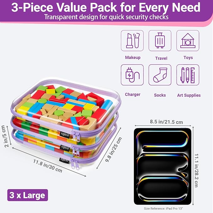 YQBRA 3 Pack Clear Hard Shell Zipper Case, See-Through Hard Plastic Organizer - Image 4