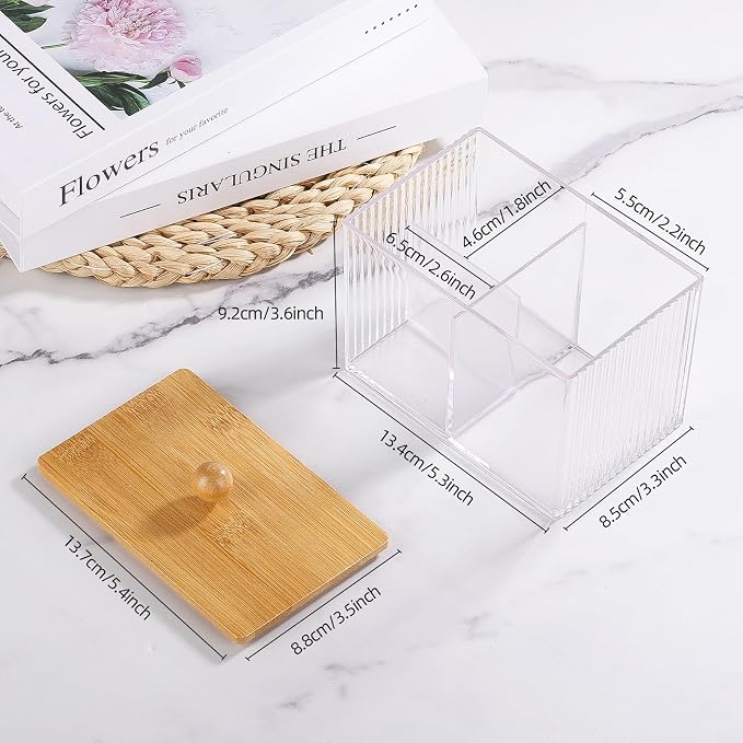 Ohlove Qtip Holder with Bamboo Lids, 3 Compartments Cotton Ball/Swabs Dispenser - Image 2