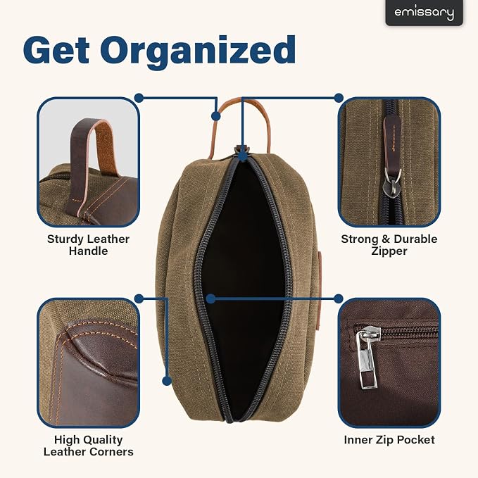 Emissary Men's Leather and Canvas Travel Toiletry Bag, Dopp Kit, Travel - Image 2