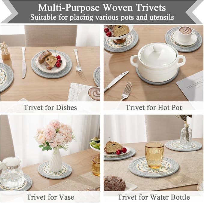 SHACOS 8 Inches Trivets for Hot Dishes, 4 Pieces Cotton and Felt Floral Pattern - Image 7