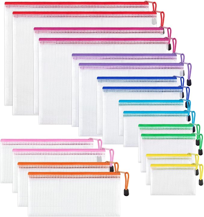 JARLINK 18 Pack 8 Sizes Mesh Pouch, 9 Colors, Waterproof Zipper Bags Document by JARLINK