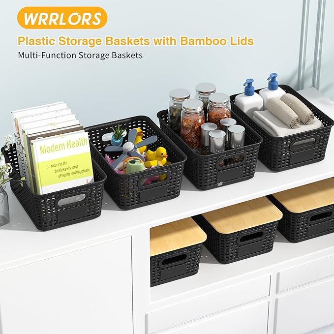 Plastic Storage Baskets with Bamboo Lids and Labels, Stackable Storage - Image 2
