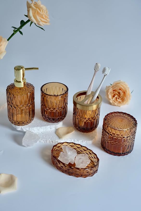 Amber Bathroom Accessories Set, Hand Soap Dispenser, Soap Dish, Toothbrush - Image 5