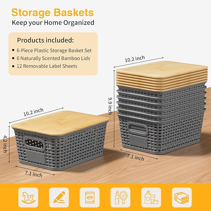 Plastic Storage Baskets with Bamboo Lids and Labels, Stackable Storage - Image 3
