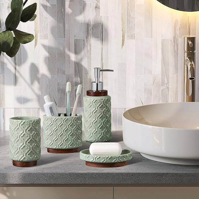 Elegant Bathroom Accessories Set 4 PCS Ceramic and Wood Bathroom Accessory Set - Image 8