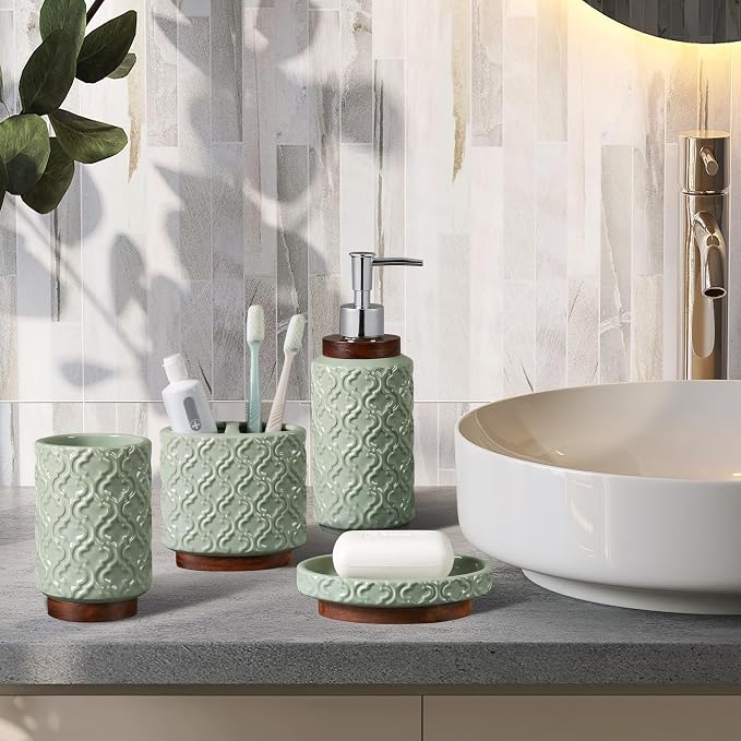 Elegant Bathroom Accessories Set 6 PCS Ceramic and Wood Bathroom Accessory Set - Image 5