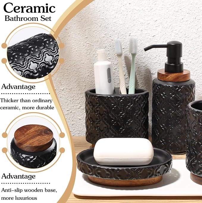 Elegant Bathroom Accessories Set 4 PCS Ceramic and Wood Bathroom Accessory Set - Image 3