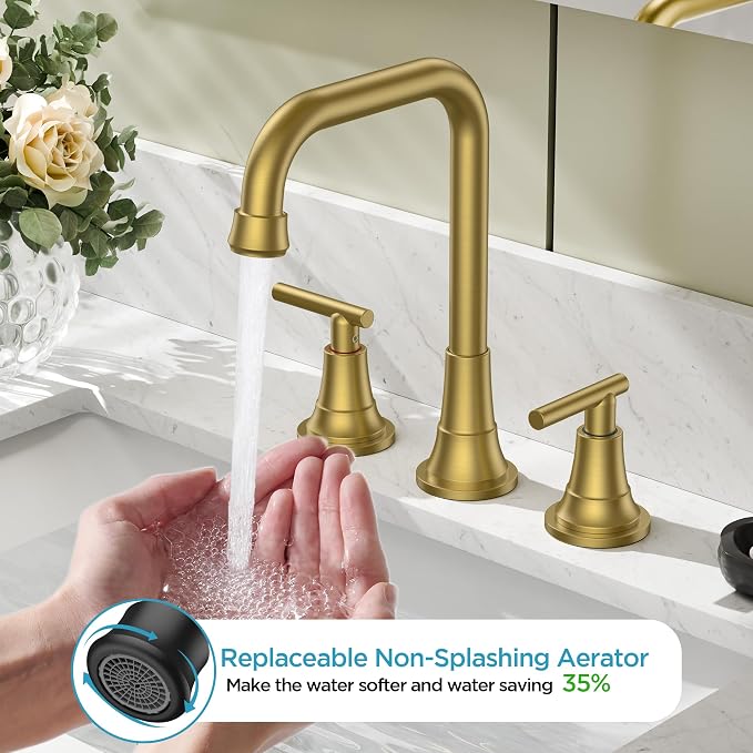 FORIOUS 3 Hole 8 Inch Widespread Bathroom Faucet in Brushed Gold - Image 3
