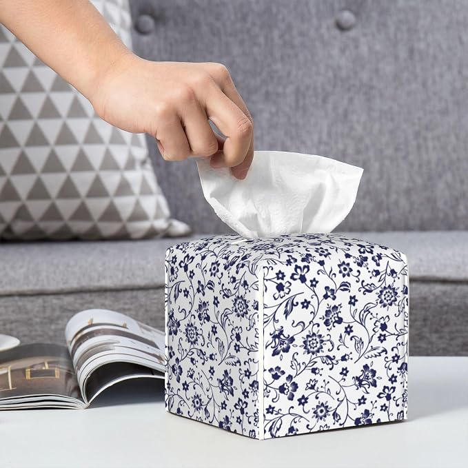 Blue and White Tissue Box Cover Square, Abstract Blue Flowers Tissue Box Holder - Image 6