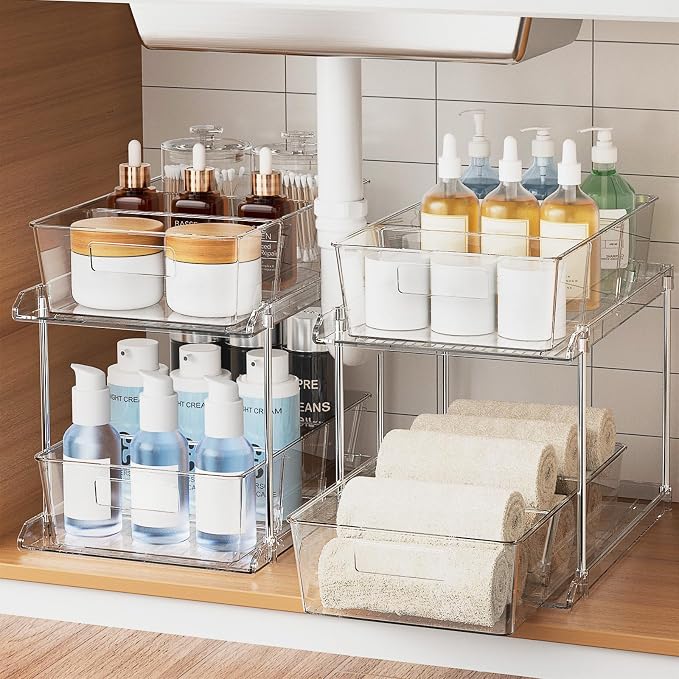 Pull-out Home Organizer, 2 Pack 2 Tier Clear Bathroom Organizer by Fabspace