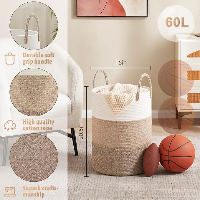 Laundry Basket, Woven Cotton Rope Laundry Hamper, 60L - Image 6