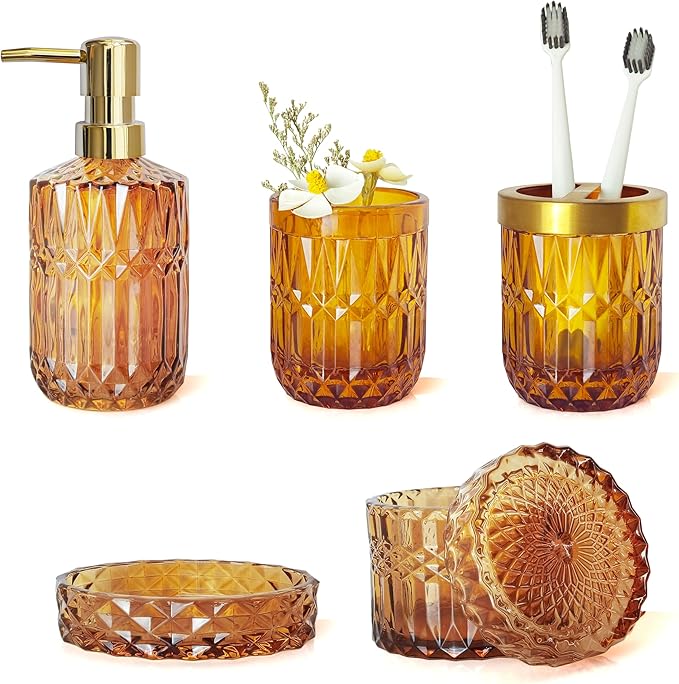 Amber Bathroom Accessories Set, Hand Soap Dispenser, Soap Dish, Toothbrush by LaMarriti