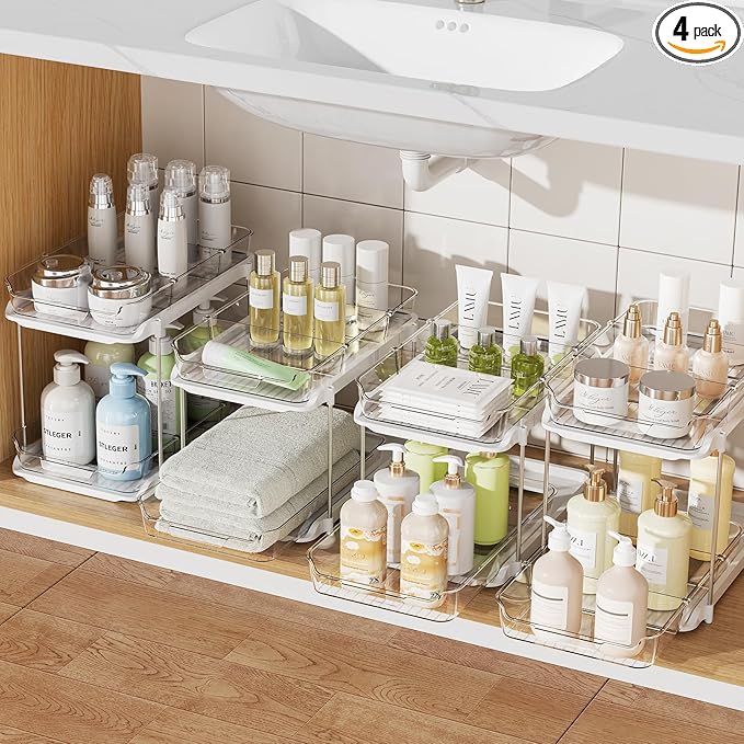 Delamu 4 Pack 2-Tier Bathroom Under Sink Organizers and Storage, Pull Out Clear by DELAMU