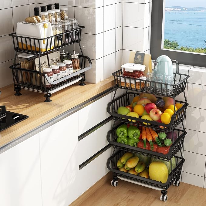 Metal Wire Baskets with Wheels, Stackable Storage Bins Kitchen Organizer Shelf by KOLENSA