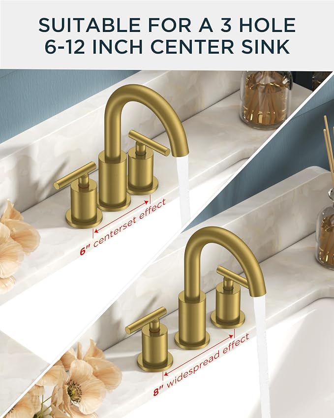 FORIOUS Brushed Gold Bathroom Faucet 3 Hole, 2 Handle 8 Inch Widespread Gold - Image 6