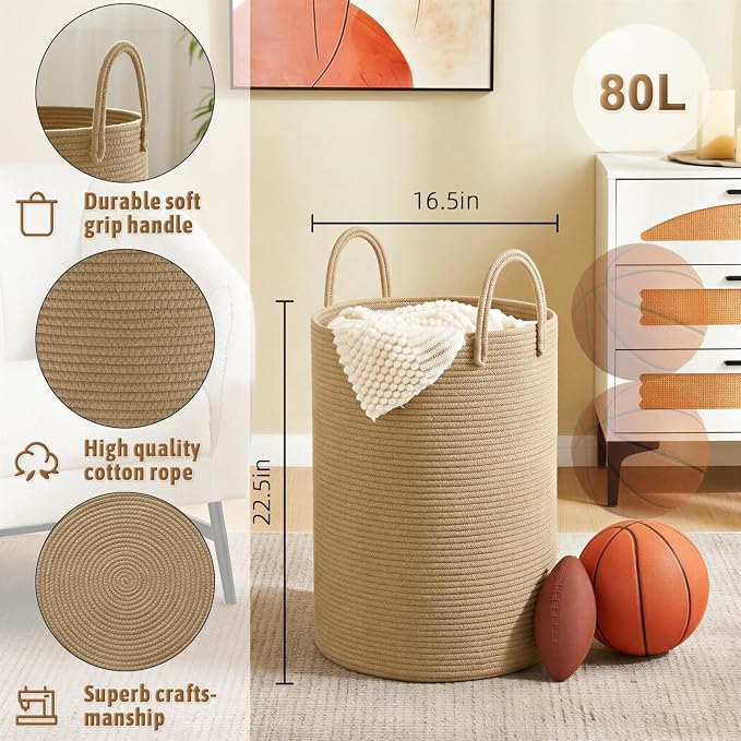 Laundry Basket, Woven Cotton Rope Laundry Hamper, 80L - Image 6