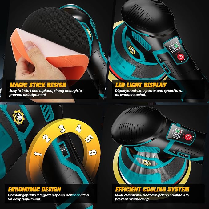Cordless Car Buffer Polisher kit 6-Speed Orbital Design, LED Display, - Image 8