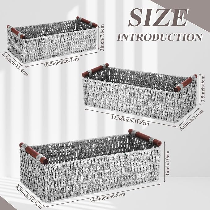 Boao 3 Pcs Boho Storage Wicker Baskets Handmade Woven Decorative Paper Rope - Image 2