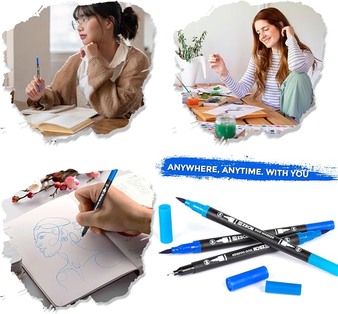 Blue Duo Tip Marker Pens, 12 Pack Fine & Brush Markers - Image 7