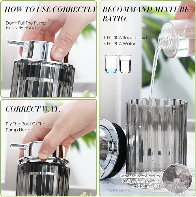 2 Pcs Refillable Gray Foaming Hand Soap Dispenser 10 oz Plastic Dispenser Pump - Image 5