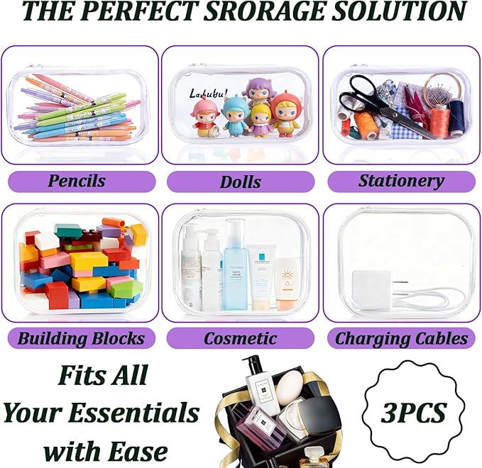 3 Pcs Clear Hard Zipper Case, Hard Shell Plastic Clear Organizer Bag, - Image 4