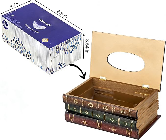 Crafted Classical Retro Wooden Antique Book Tissue Box Cover Rectangular Tissue - Image 2