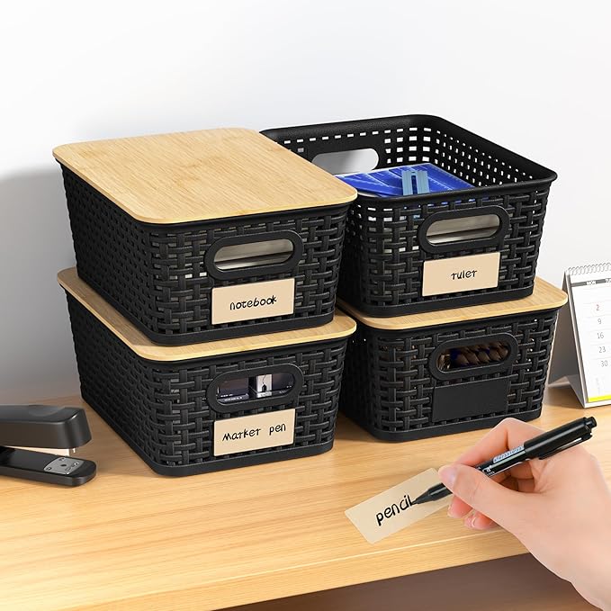 Plastic Storage Baskets with Bamboo Lids and Labels, Stackable Storage - Image 7