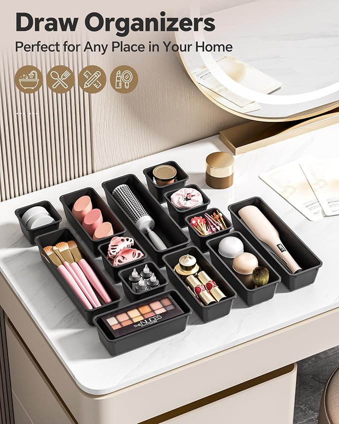 13 Pack Plastic Drawer Organizers Set, 3 Sizes Desk Drawer Organizer Trays - Image 6