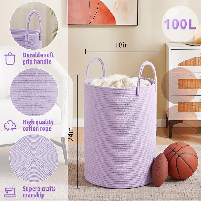 Laundry Basket, Woven Cotton Rope Laundry Hamper, 100L - Image 6