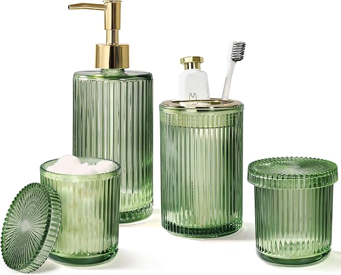 Green Glass Bathroom Accessories 4 Pcs, Soap Dispenser and Toothbrush Holder Set by ALPIRIRAL