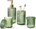Green Glass Bathroom Accessories 4 Pcs, Soap Dispenser and Toothbrush Holder Set by ALPIRIRAL
