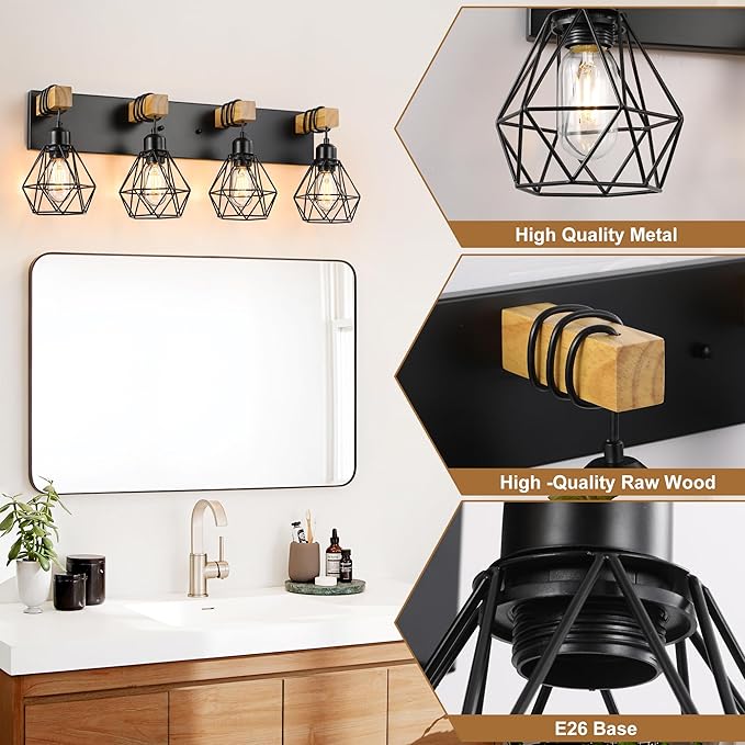 4-Light Farmhouse Bathroom Vanity Light Fixtures, Wood Bathroom Light Fixtures - Image 4