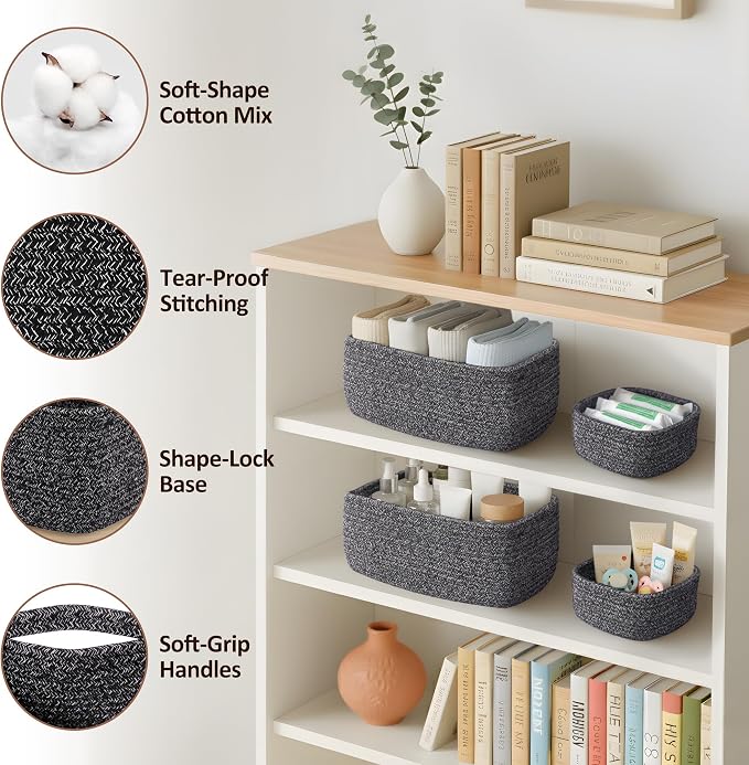 5-Pack Small Woven Rope Storage Baskets – 2 Sizes Organizer Bins - Image 3